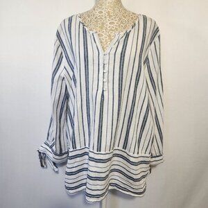 Liz Claiborne Women's Size XL Linen Blend Striped Button Split Sleeves Tunic Top